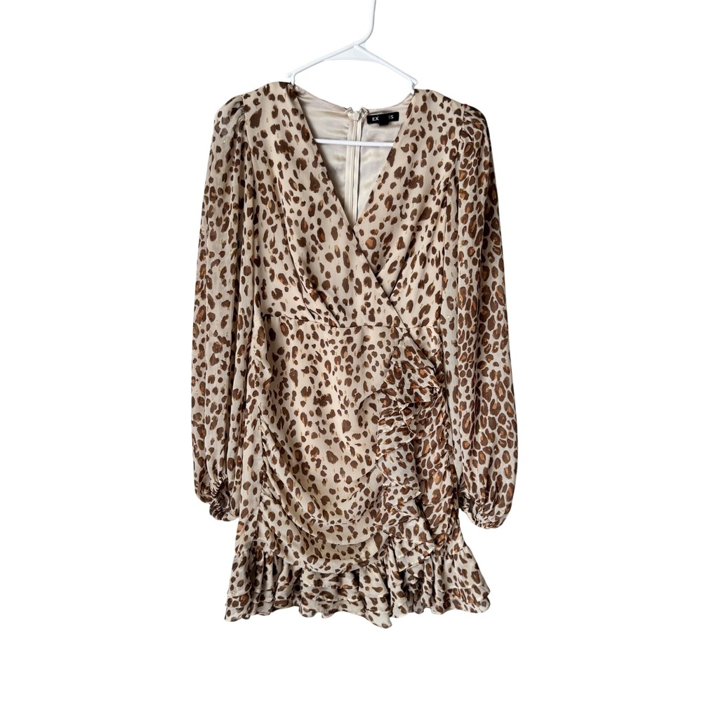 Express Women Leopard Print Metallic Ruched Ruffle Mini Dress XS Brown Gold